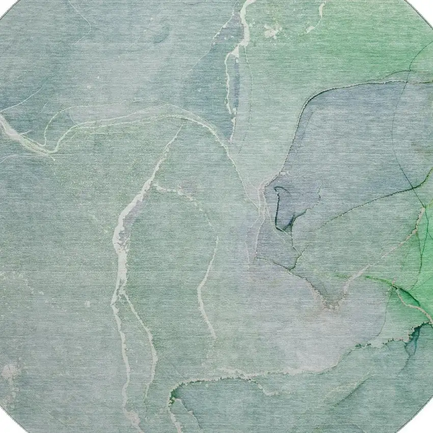 8' Teal And Ivory Abstract Washable Round Rug With UV Protection Photo 3