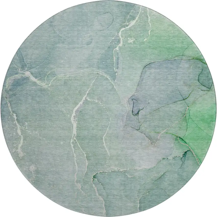 8' Teal And Ivory Abstract Washable Round Rug With UV Protection Photo 2