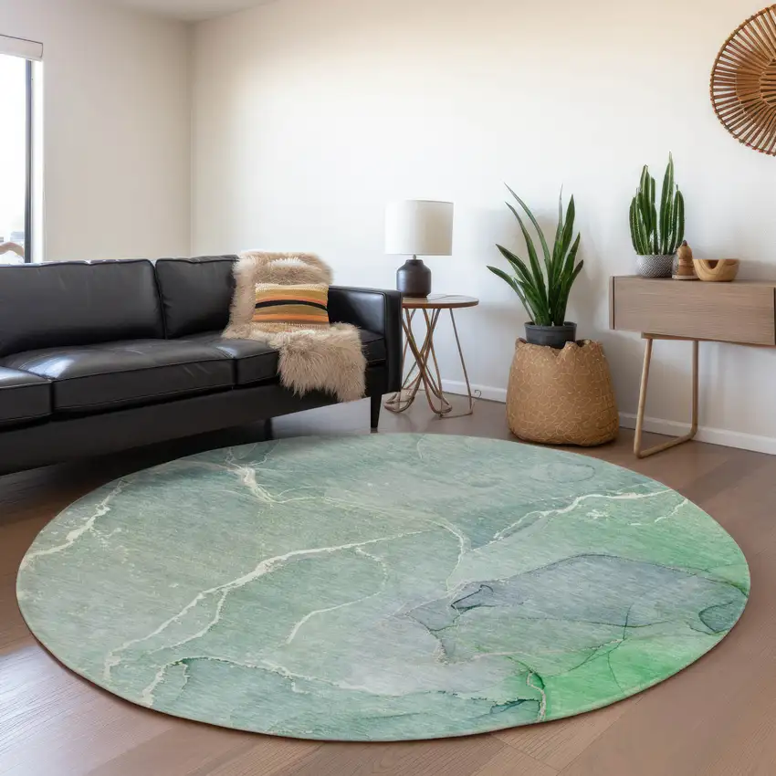8' Teal And Ivory Abstract Washable Round Rug With UV Protection Photo 5