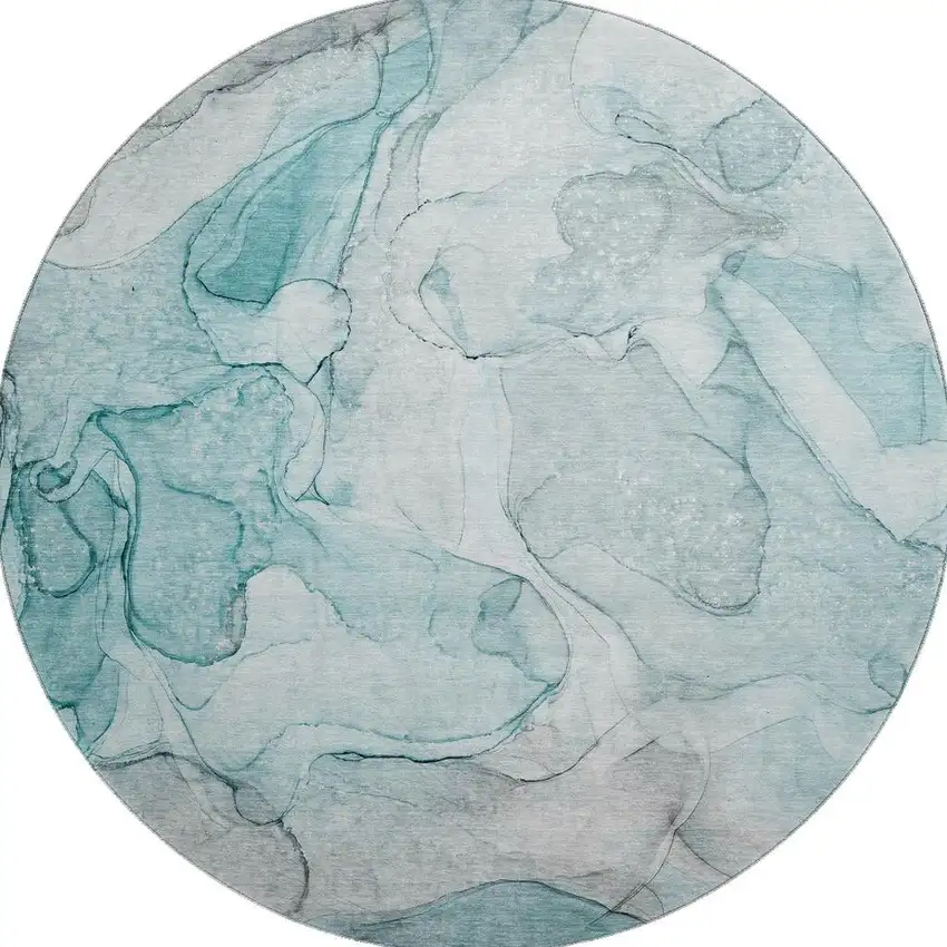 8' Teal And Ivory Abstract Washable Round Rug With UV Protection Photo 4