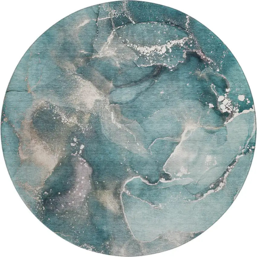 8' Teal And Ivory Abstract Washable Round Rug With UV Protection Photo 1