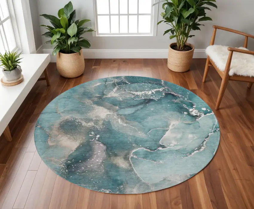 8' Teal And Ivory Abstract Washable Round Rug With UV Protection Photo 2