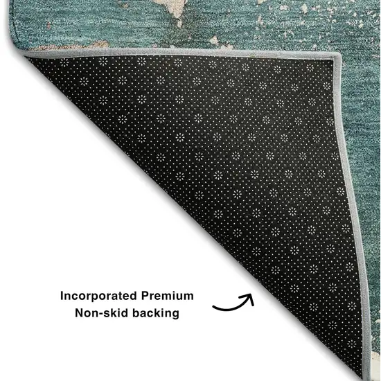 8' Teal And Ivory Abstract Washable Round Rug With UV Protection Photo 7