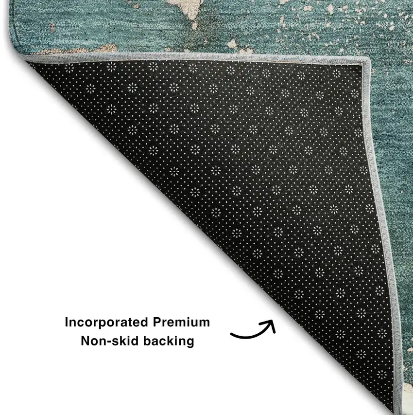 8' Teal And Ivory Abstract Washable Round Rug With UV Protection Photo 7