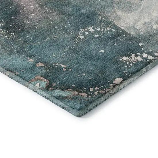 8' Teal And Ivory Abstract Washable Round Rug With UV Protection Photo 8