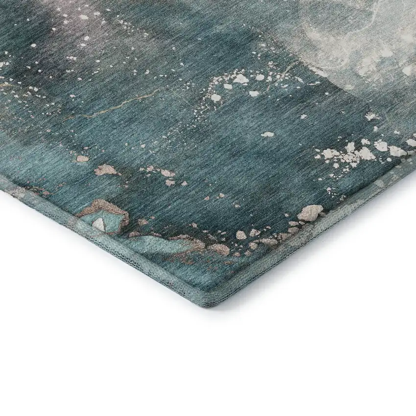 8' Teal And Ivory Abstract Washable Round Rug With UV Protection Photo 8