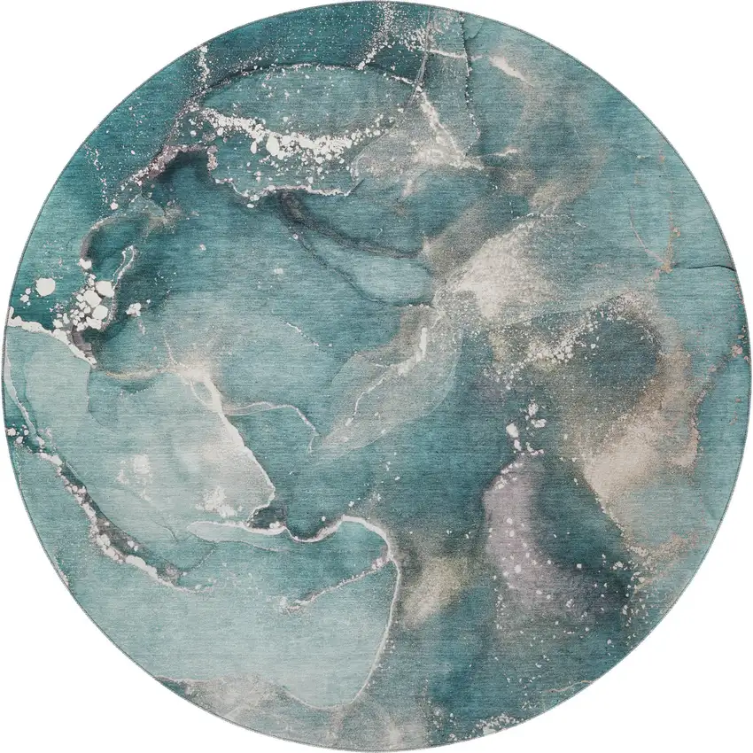 8' Teal And Ivory Abstract Washable Round Rug With UV Protection Photo 5