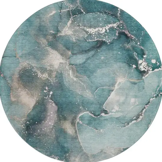 8' Teal And Ivory Abstract Washable Round Rug With UV Protection Photo 3
