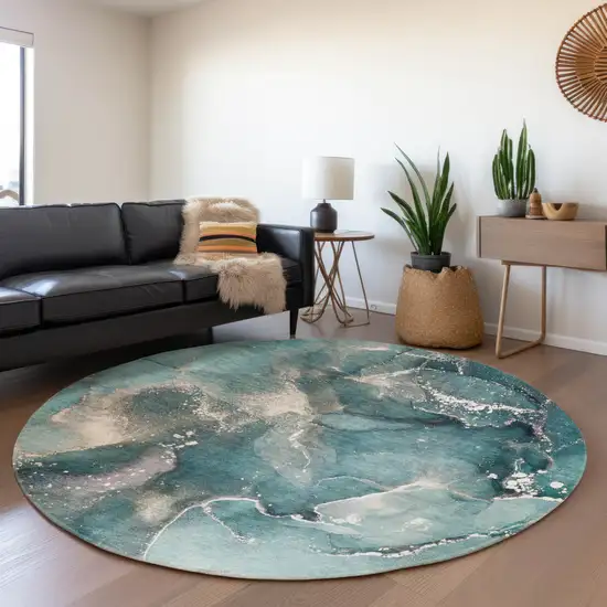 8' Teal And Ivory Abstract Washable Round Rug With UV Protection Photo 6