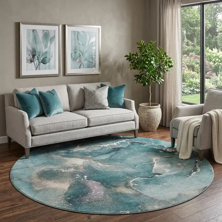 8' Teal And Ivory Abstract Washable Round Rug With UV Protection Photo 1