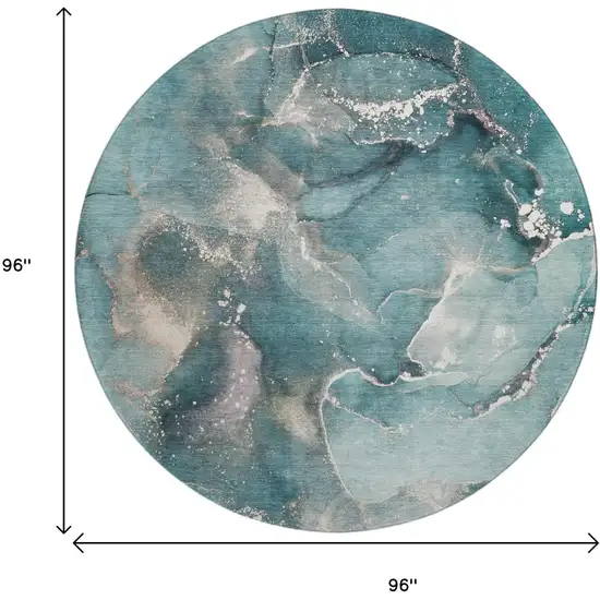 8' Teal And Ivory Abstract Washable Round Rug With UV Protection Photo 3