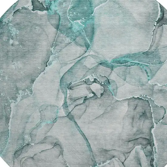 8' Teal And Ivory Abstract Washable Round Rug With UV Protection Photo 3
