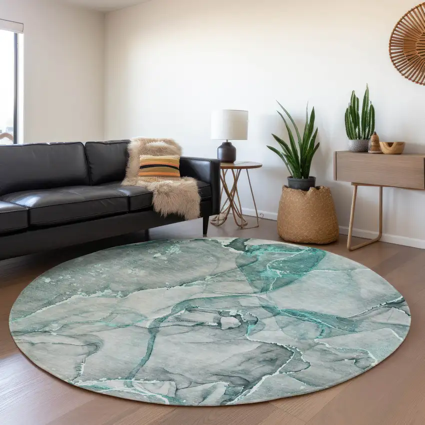8' Teal And Ivory Abstract Washable Round Rug With UV Protection Photo 5