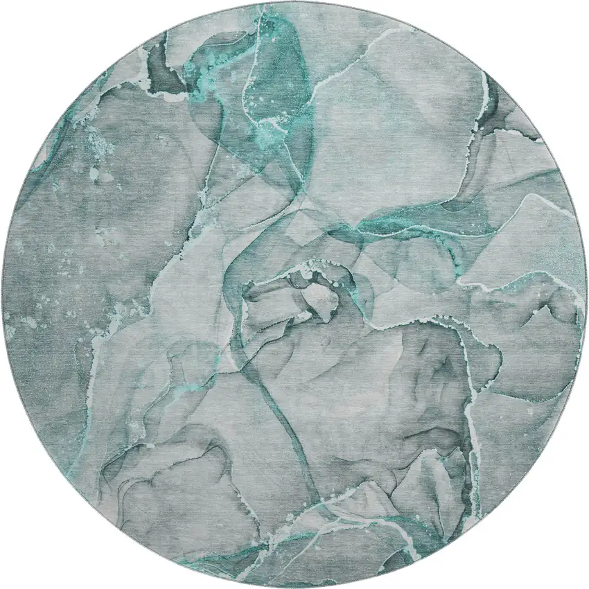 8' Teal And Ivory Abstract Washable Round Rug With UV Protection Photo 1