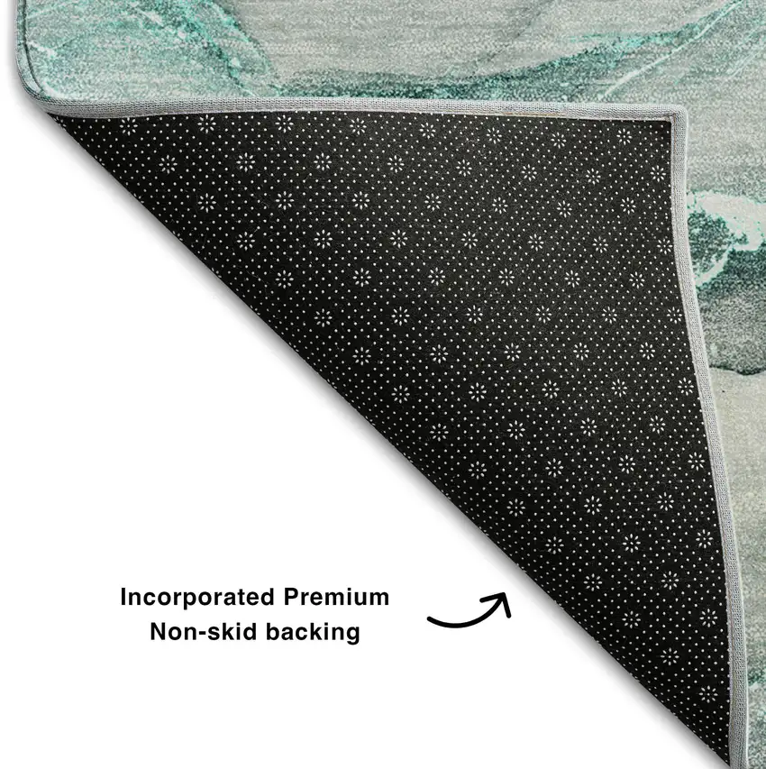 8' Teal And Ivory Abstract Washable Round Rug With UV Protection Photo 6