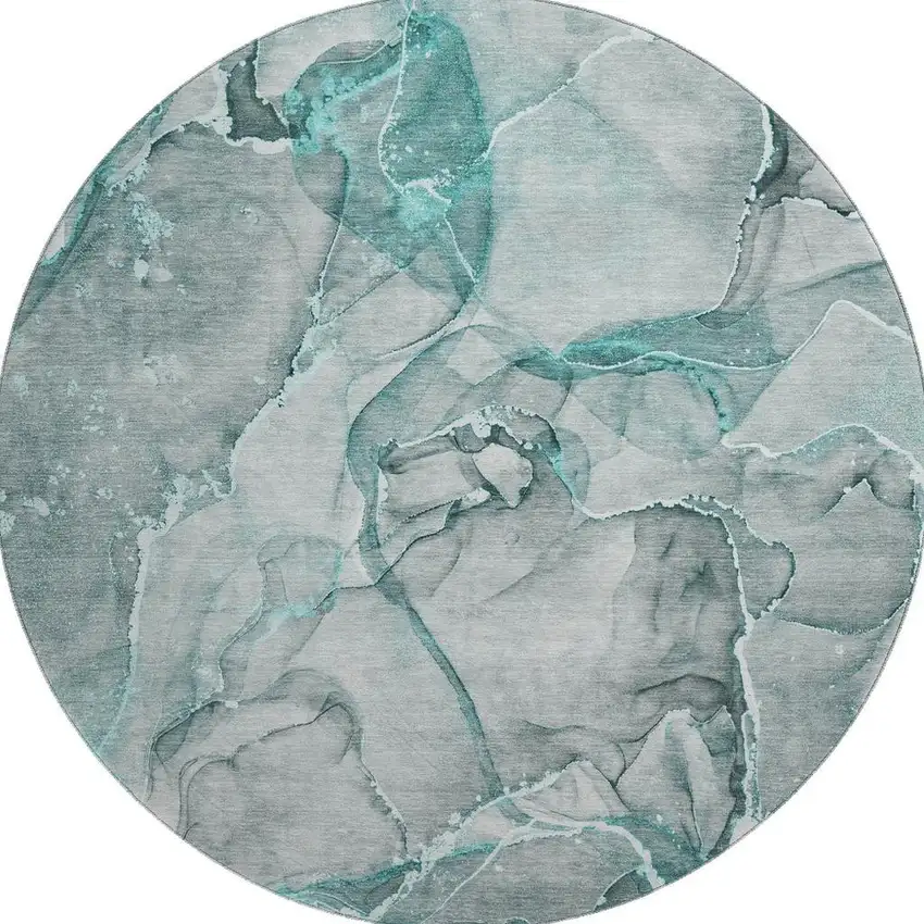 8' Teal And Ivory Abstract Washable Round Rug With UV Protection Photo 4