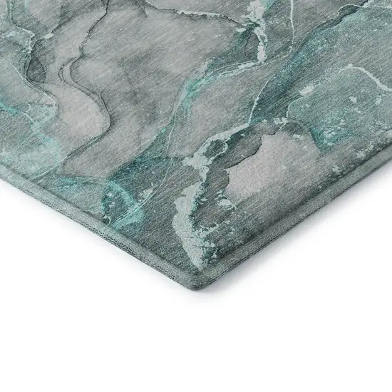 8' Teal And Ivory Abstract Washable Round Rug With UV Protection Photo 7