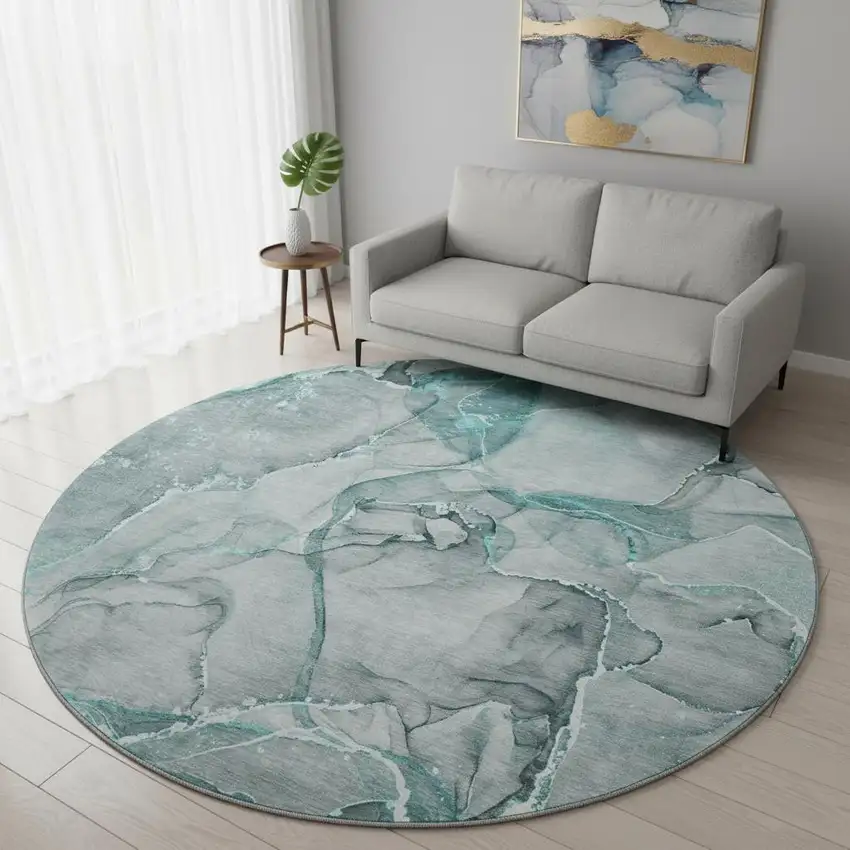 8' Teal And Ivory Abstract Washable Round Rug With UV Protection Photo 2