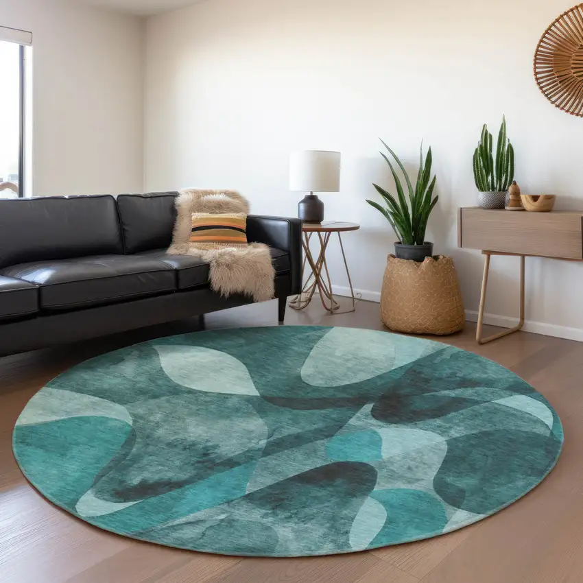 8' Teal And Ivory Abstract Washable Round Rug With UV Protection Photo 5