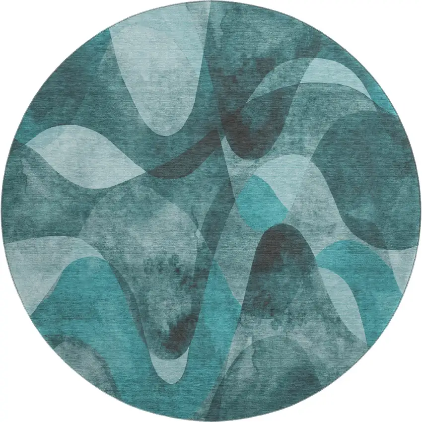 8' Teal And Ivory Abstract Washable Round Rug With UV Protection Photo 1