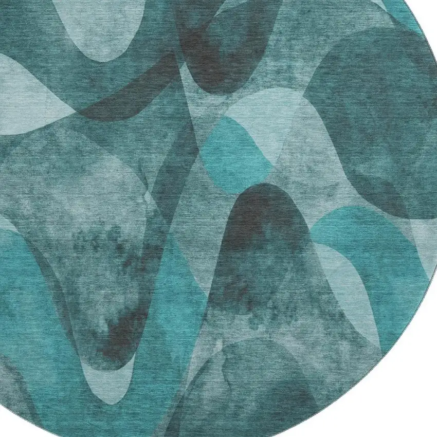 8' Teal And Ivory Abstract Washable Round Rug With UV Protection Photo 3