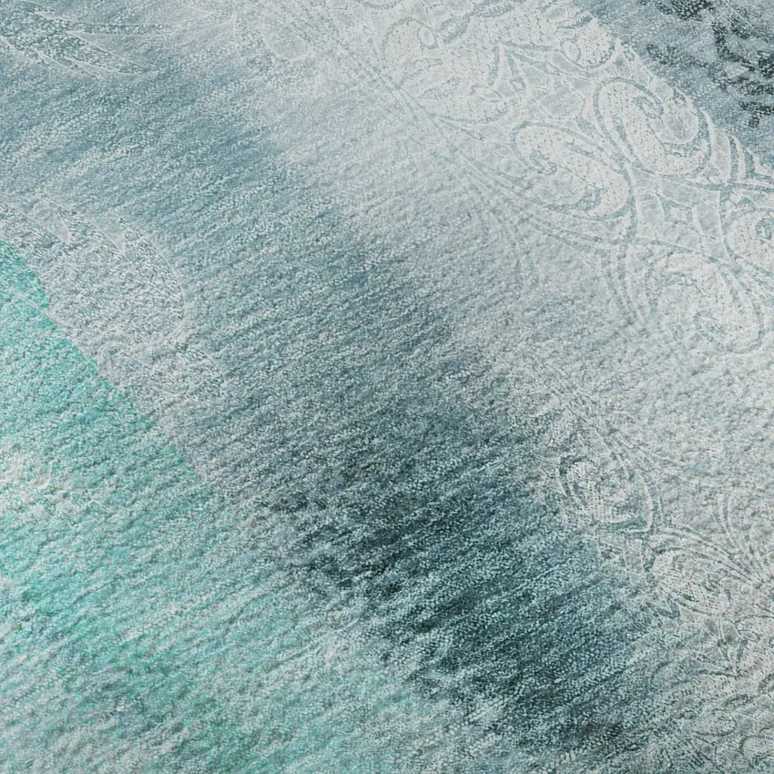 8' Teal And Ivory Abstract Washable Round Rug With UV Protection Photo 8