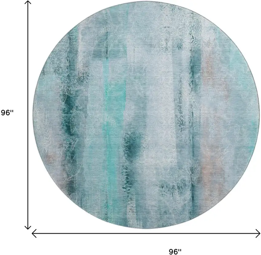 8' Teal And Ivory Abstract Washable Round Rug With UV Protection Photo 9