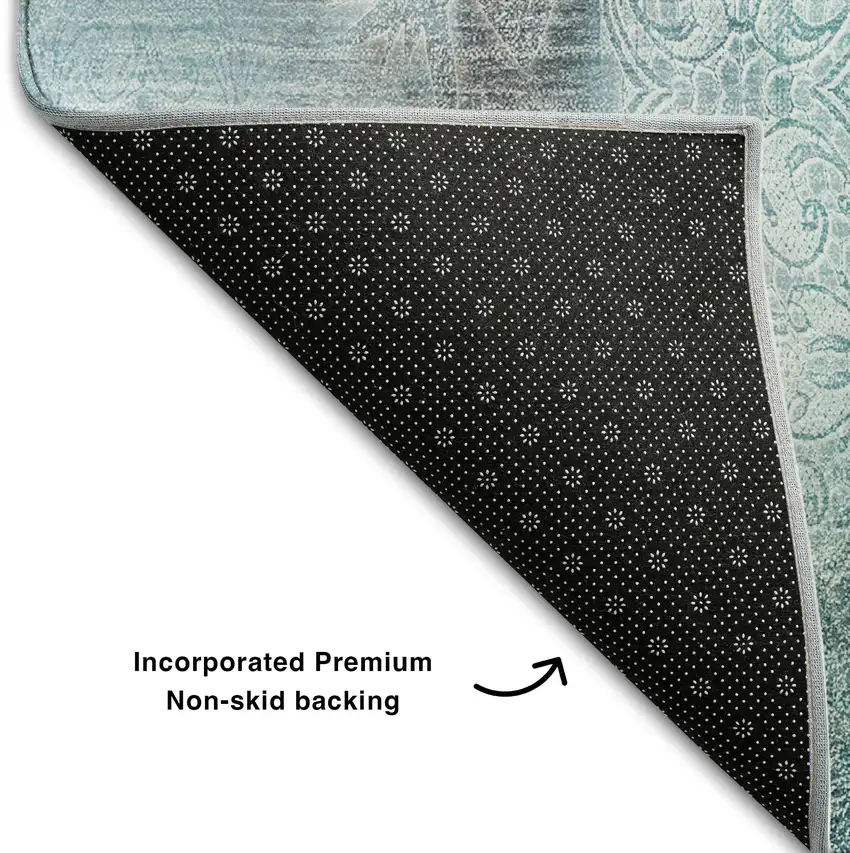 8' Teal And Ivory Abstract Washable Round Rug With UV Protection Photo 5