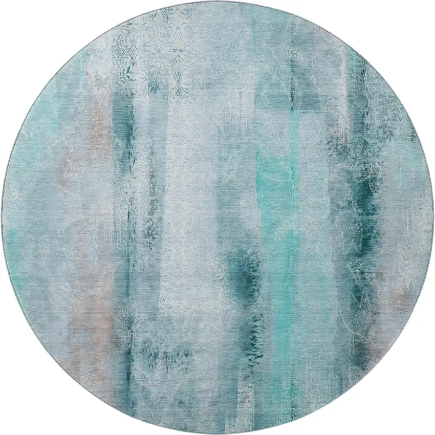8' Teal And Ivory Abstract Washable Round Rug With UV Protection Photo 3