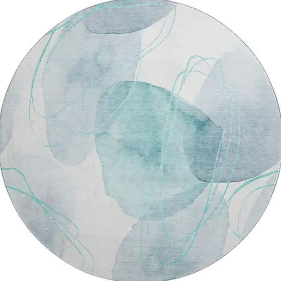 8' Teal And Ivory Abstract Washable Round Rug With UV Protection Photo 4