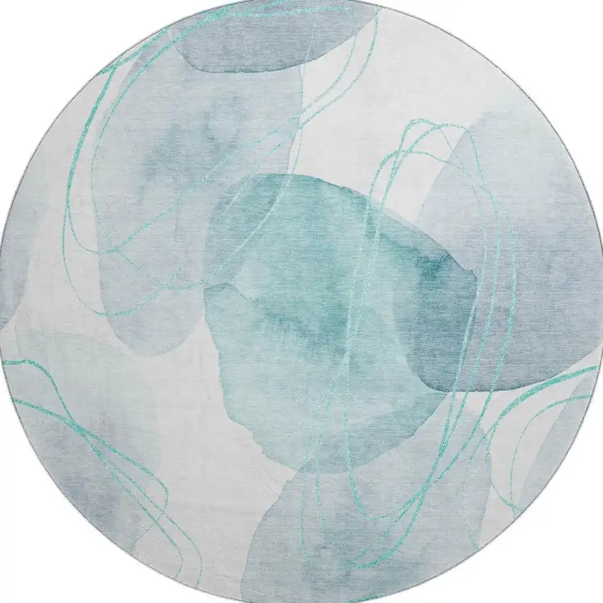8' Teal And Ivory Abstract Washable Round Rug With UV Protection Photo 4
