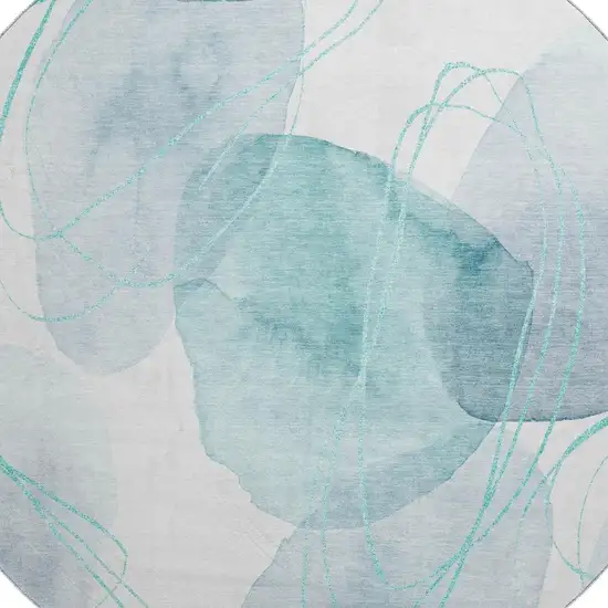 8' Teal And Ivory Abstract Washable Round Rug With UV Protection Photo 3