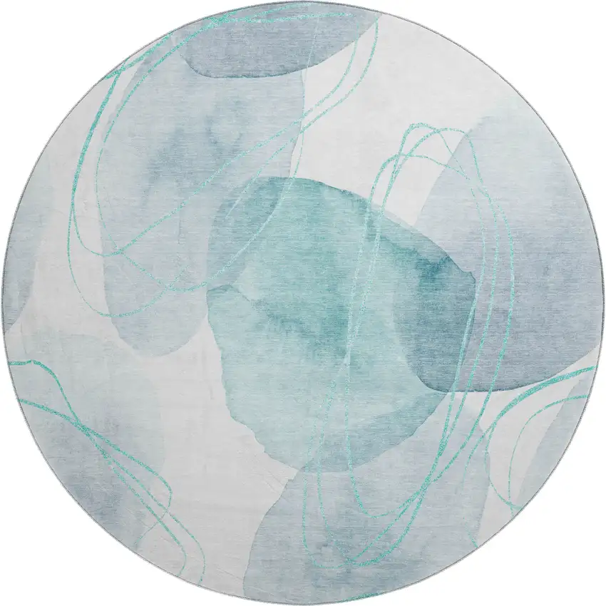 8' Teal And Ivory Abstract Washable Round Rug With UV Protection Photo 1