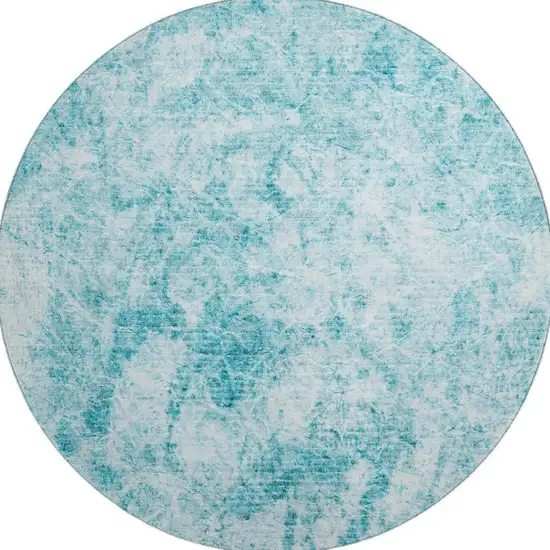 8' Teal And Ivory Abstract Washable Round Rug With UV Protection Photo 4