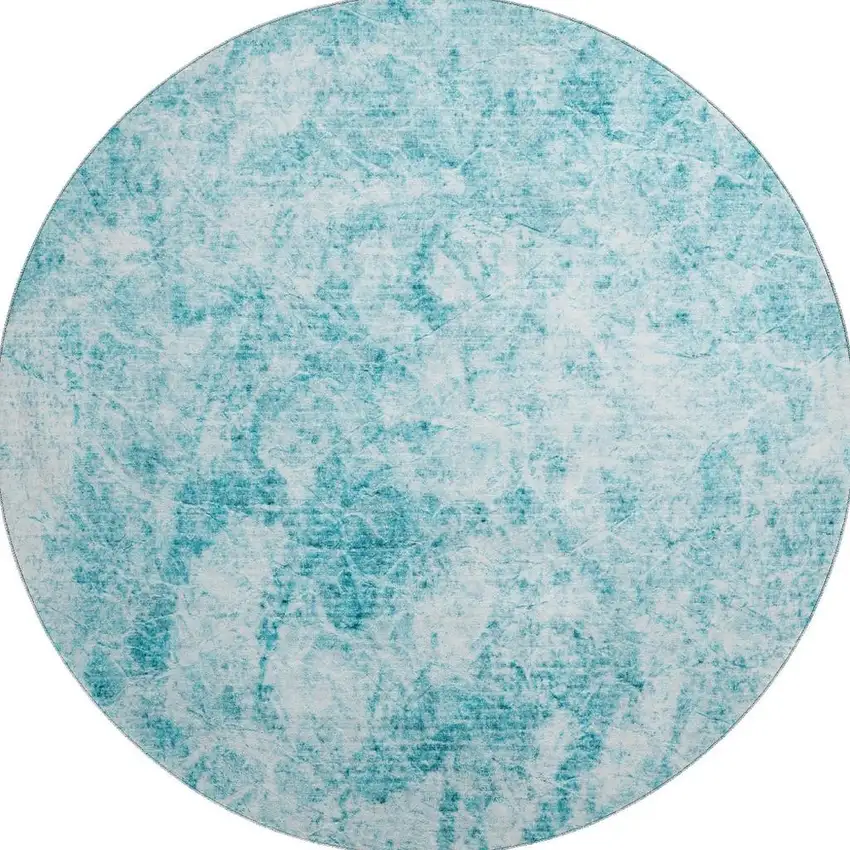 8' Teal And Ivory Abstract Washable Round Rug With UV Protection Photo 4
