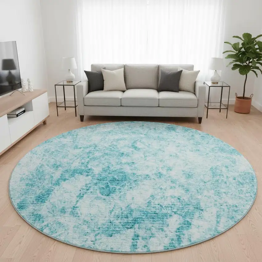 8' Teal And Ivory Abstract Washable Round Rug With UV Protection Photo 2
