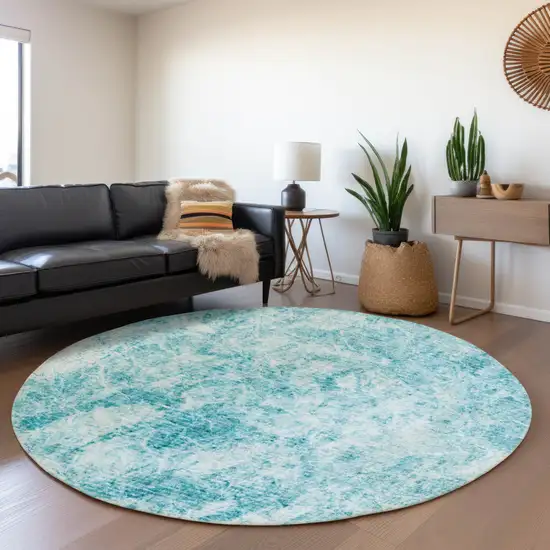 8' Teal And Ivory Abstract Washable Round Rug With UV Protection Photo 5