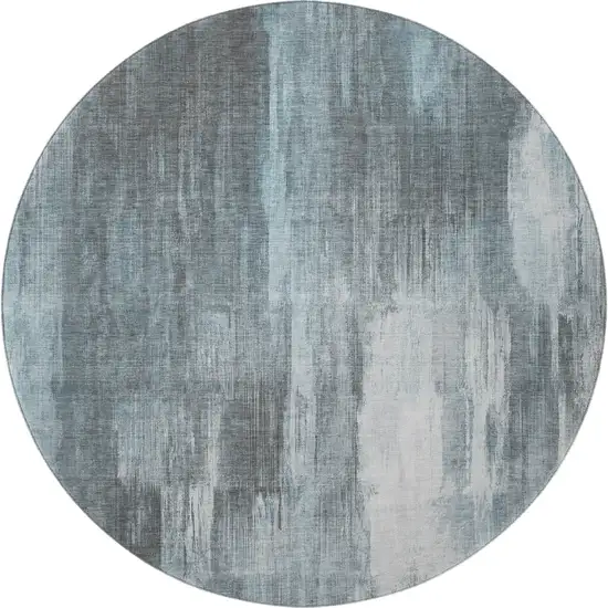 8' Teal And Ivory Abstract Washable Round Rug With UV Protection Photo 3