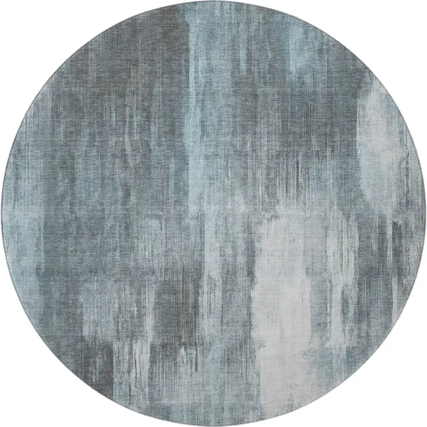 8' Teal And Ivory Abstract Washable Round Rug With UV Protection Photo 3