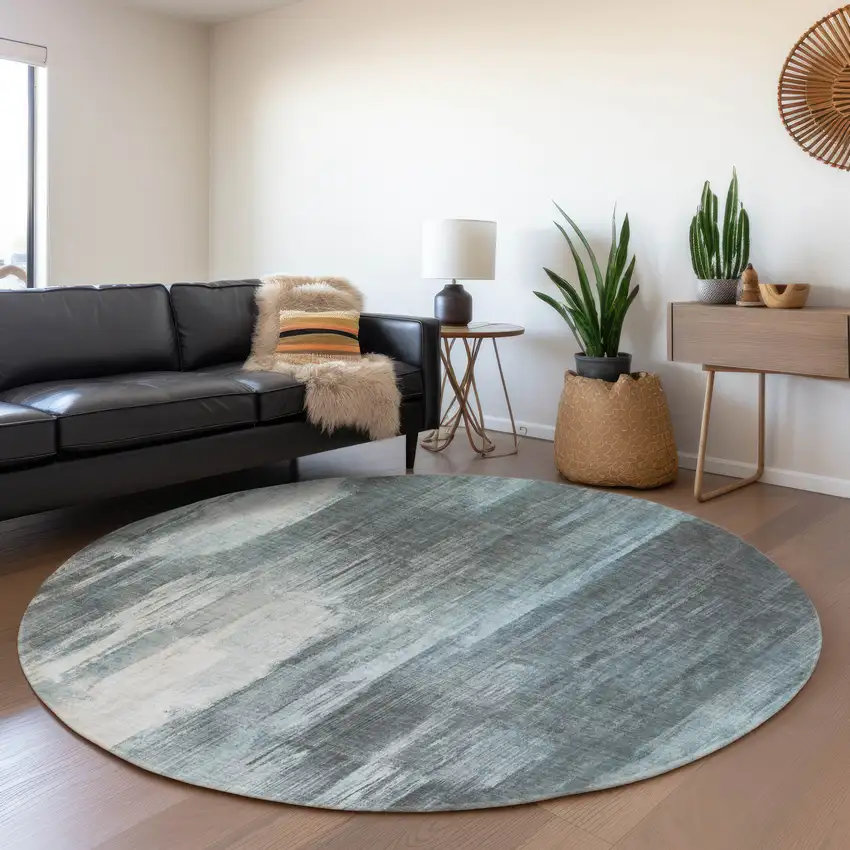 8' Teal And Ivory Abstract Washable Round Rug With UV Protection Photo 4