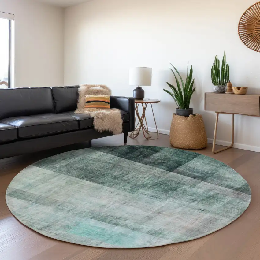 8' Teal And Ivory Abstract Washable Round Rug With UV Protection Photo 5