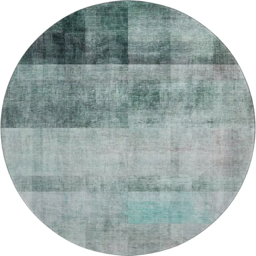 8' Teal And Ivory Abstract Washable Round Rug With UV Protection Photo 1