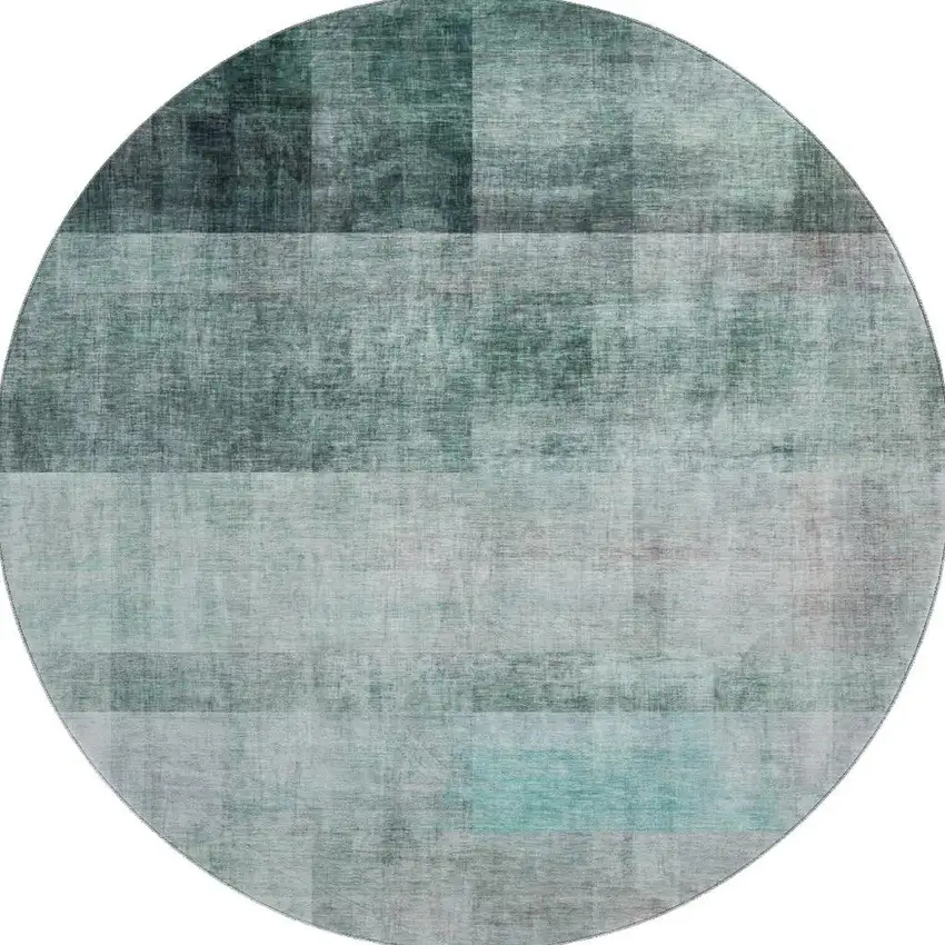 8' Teal And Ivory Abstract Washable Round Rug With UV Protection Photo 3