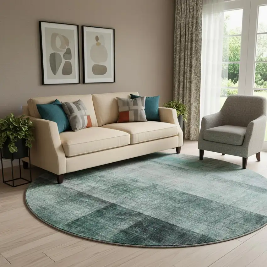 8' Teal And Ivory Abstract Washable Round Rug With UV Protection Photo 1