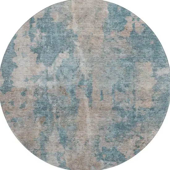 8' Teal And Ivory Abstract Washable Round Rug With UV Protection Photo 4
