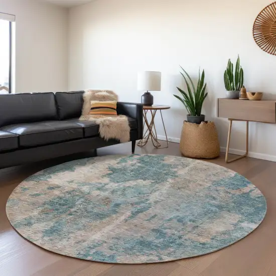 8' Teal And Ivory Abstract Washable Round Rug With UV Protection Photo 5