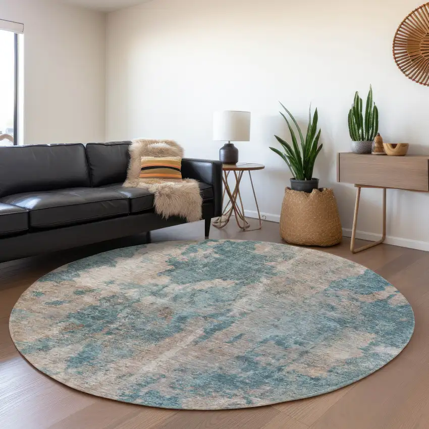 8' Teal And Ivory Abstract Washable Round Rug With UV Protection Photo 5