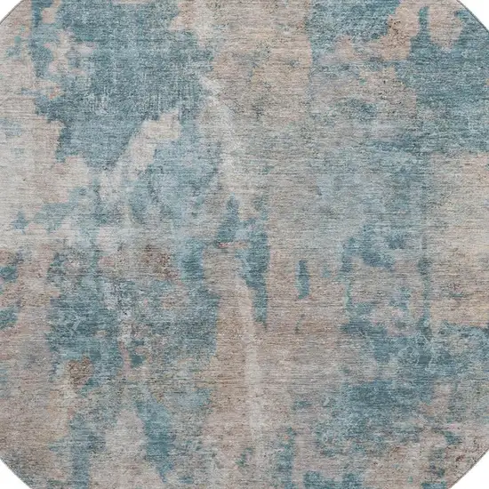 8' Teal And Ivory Abstract Washable Round Rug With UV Protection Photo 3