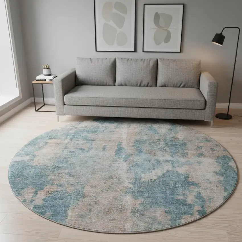 8' Teal And Ivory Abstract Washable Round Rug With UV Protection Photo 2