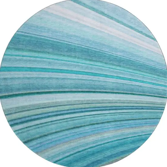 8' Teal And Ivory Abstract Washable Round Rug With UV Protection Photo 4